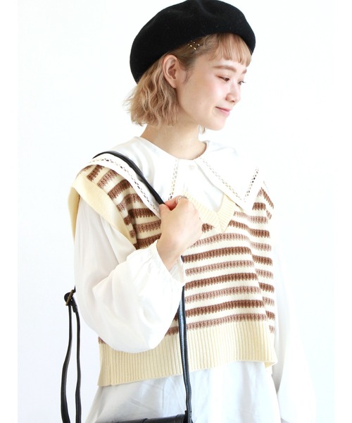 ehka sopo（エヘカソポ）の「ボーダー編みニットベスト（ベスト・レディース・ブルー/ベージュ/ブラック・ﾌﾘ-）」の3枚目の写真