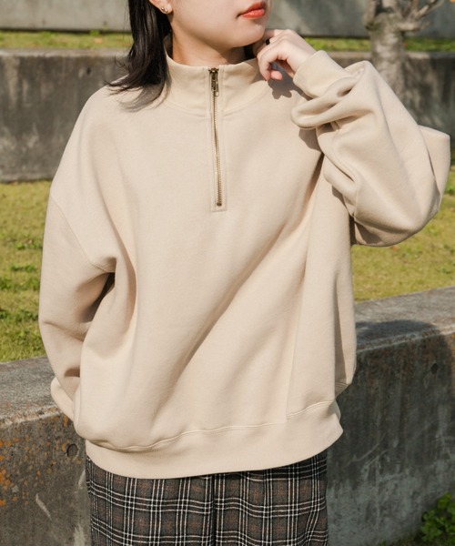 kutir（クティール）の「ハーフジップ裏起毛スウェット（スウェット・レディース・ブラック/ダークブラウン/ベージュ/ライトグリーン・FREE）」の4枚目の写真