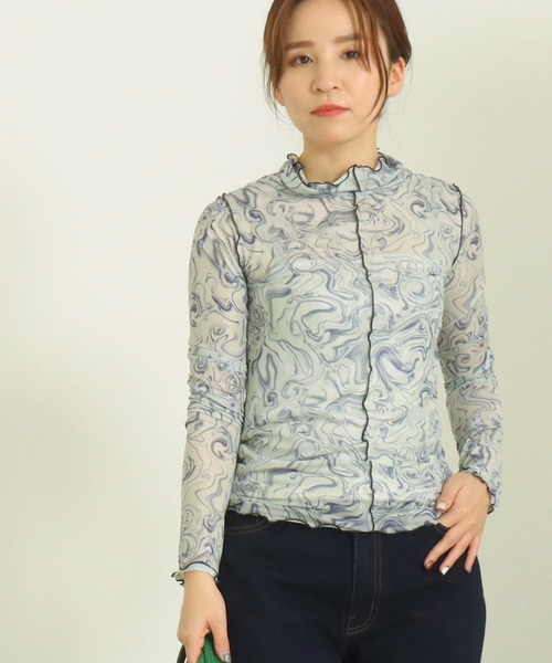 AULI（アウリィ）の「【低身長向けサイズ】デジタルシアーロングTシャツ（Tシャツ/カットソー・レディース・ブラウン/ブルー/ライトベージュ・XS）」の3枚目の写真