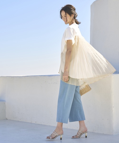 RUIRUE BOUTIQUE(ルイルエブティック)の「シアーバックプリーツキーネックシャツ | 半袖 Vネック ラグランスリーブ トップス 体型カバー タックススリーブ プリーツ シアー オフィスカジュアル 通勤服 華やか シャツ(シャツ/ブラウス・レディース・ブラック/オフホワイト/ピンク・LL/S/M/L)」の14枚目の写真