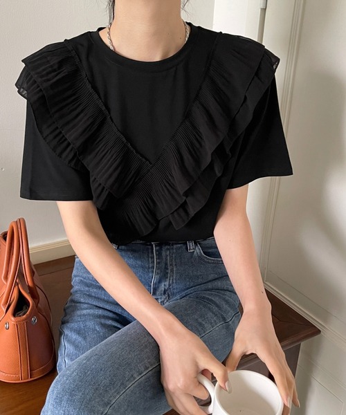 emi+（エミプラス）の「フロントクロスフリルカットソー（Tシャツ/カットソー・レディース・ホワイト/ブラック・S/M/L）」の6枚目の写真