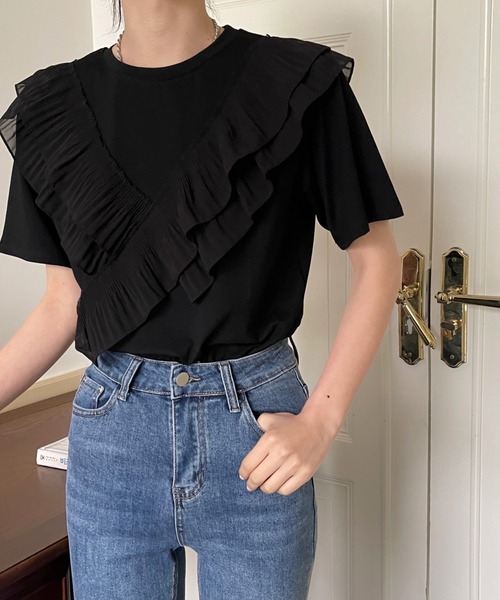 emi+（エミプラス）の「フロントクロスフリルカットソー（Tシャツ/カットソー・レディース・ホワイト/ブラック・S/M/L）」の7枚目の写真