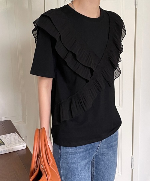emi+（エミプラス）の「フロントクロスフリルカットソー（Tシャツ/カットソー・レディース・ホワイト/ブラック・S/M/L）」の10枚目の写真