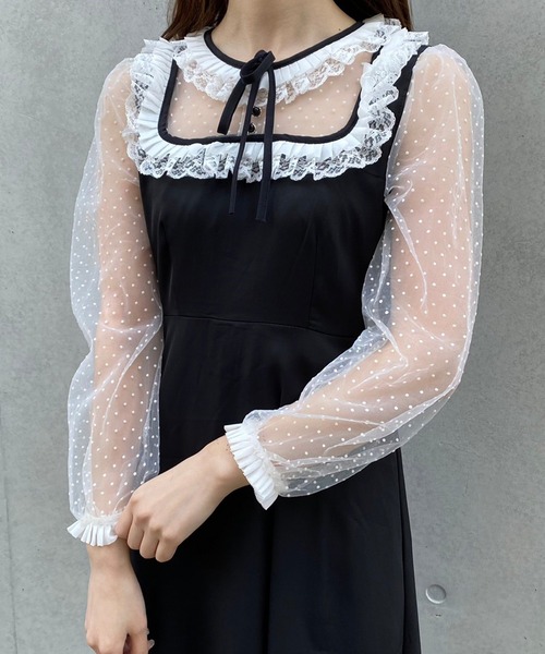 Crea titty&Co. PETIT(クレアティティーアンドコープチ)の「【Crea titty&Co.PETIT】デコルテフリルシアードットワンピース(ワンピース・レディース・ブラック・SMALL/MEDIUM)」の6枚目の写真