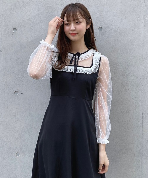 Crea titty&Co. PETIT(クレアティティーアンドコープチ)の「【Crea titty&Co.PETIT】デコルテフリルシアードットワンピース(ワンピース・レディース・ブラック・SMALL/MEDIUM)」の3枚目の写真