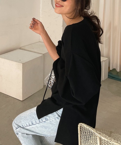 tシャツ ワッフルボリュームスリーブサイドスリットロングTシャツ レディース ワッフルボリュームスリーブサイドスリットロングTシャツ（T