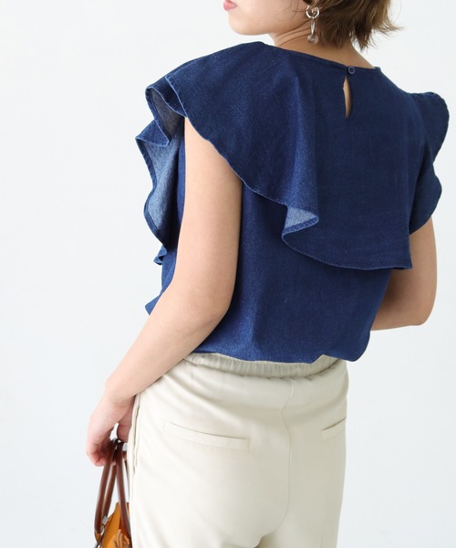 HER CLOSET（ハークローゼット）の「【Twenty Three】デニムアシメレイヤードフリルプルオーバー（シャツ/ブラウス・レディース・ネイビー/ブルー・FREE）」の3枚目の写真