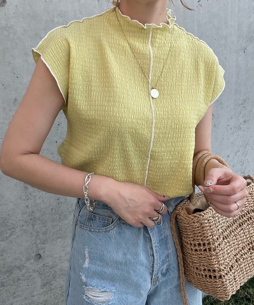 y/m by misato(イムバイミサト)の「フレンチメロウTシャツ(Tシャツ/カットソー・レディース・ライトグリーン/アイボリー・FREE)」の2枚目の写真