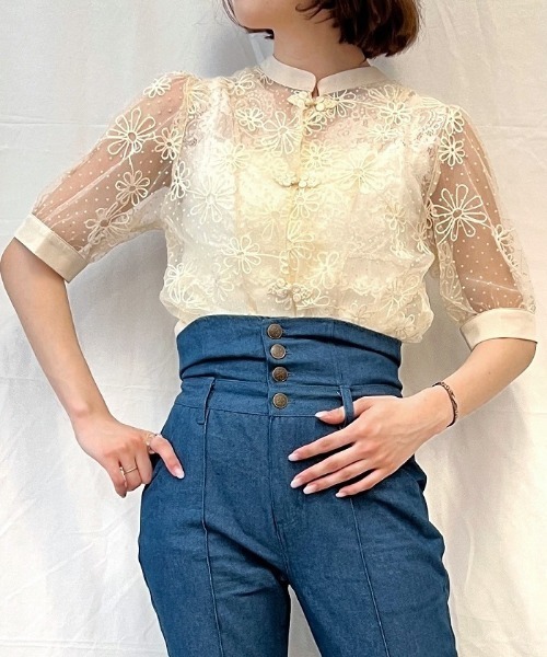 axes femme POETIQUE(アクシーズファムポエティック)の「チャイナボタンシアーシャツ(シャツ/ブラウス・レディース・キナリ/ピンク・MEDIUM)」の4枚目の写真