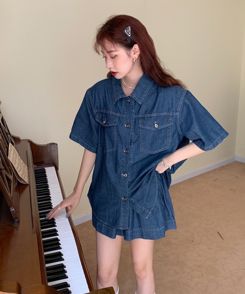 Jewelobe(ジュエローブ)の「デニムシャツ×ショートイージーパンツセットアップ(セットアップ・レディース・ブラック/ネイビー・FREE)」の17枚目の写真