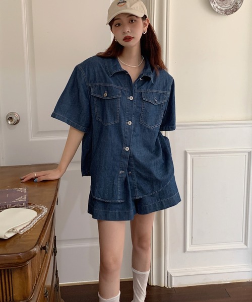Jewelobe(ジュエローブ)の「デニムシャツ×ショートイージーパンツセットアップ(セットアップ・レディース・ブラック/ネイビー・FREE)」の21枚目の写真