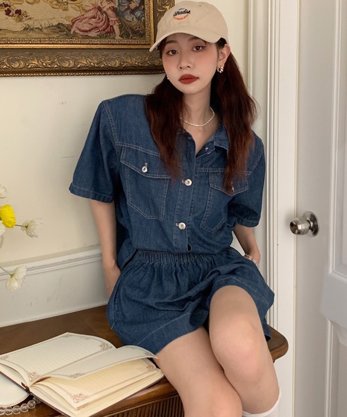 Jewelobe(ジュエローブ)の「デニムシャツ×ショートイージーパンツセットアップ(セットアップ・レディース・ブラック/ネイビー・FREE)」の22枚目の写真