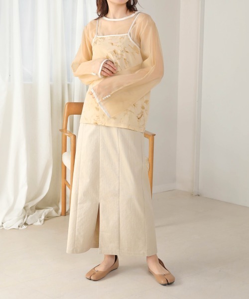 Bab（バブ）の「マーブルキャミソール付きシアートップスセット（Tシャツ/カットソー・レディース・ブラウン/グリーン/ベージュ/グレー/グレイッシュベージュ・M）」の6枚目の写真