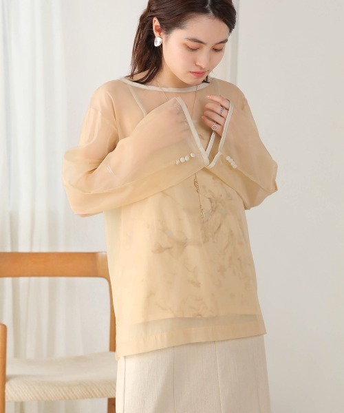 Bab（バブ）の「マーブルキャミソール付きシアートップスセット（Tシャツ/カットソー・レディース・ブラウン/グリーン/ベージュ/グレー/グレイッシュベージュ・M）」の7枚目の写真