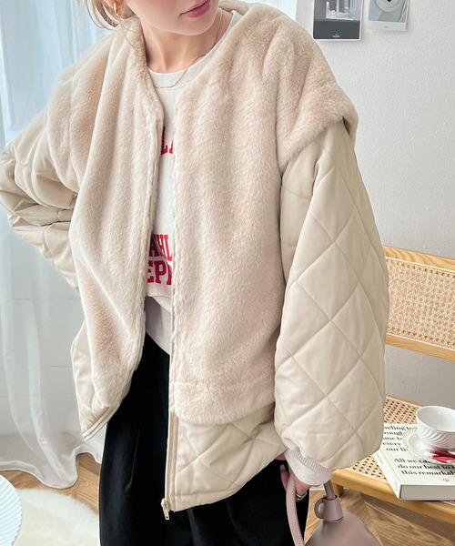 classicalelf（クラシカルエルフ）の「もこもこ癒され。ファー×キルティング切替えジップブルゾン（ブルゾン・レディース・ブラック/グレイッシュベージュ/カーキ/モカ・LARGE/X-LARGE/MEDIUM/SMALL）」の7枚目の写真