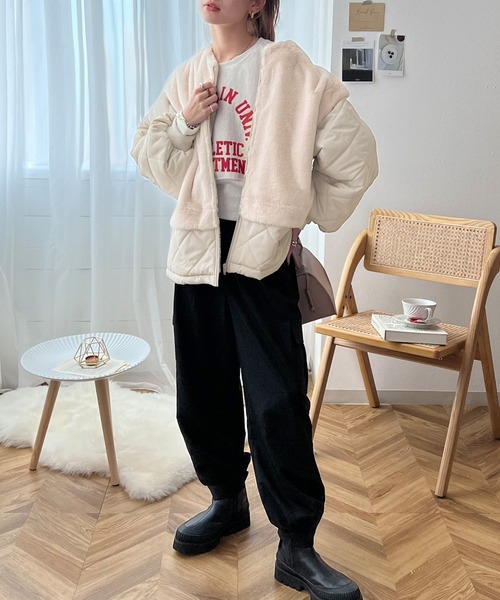 classicalelf（クラシカルエルフ）の「もこもこ癒され。ファー×キルティング切替えジップブルゾン（ブルゾン・レディース・ブラック/グレイッシュベージュ/カーキ/モカ・LARGE/X-LARGE/MEDIUM/SMALL）」の5枚目の写真