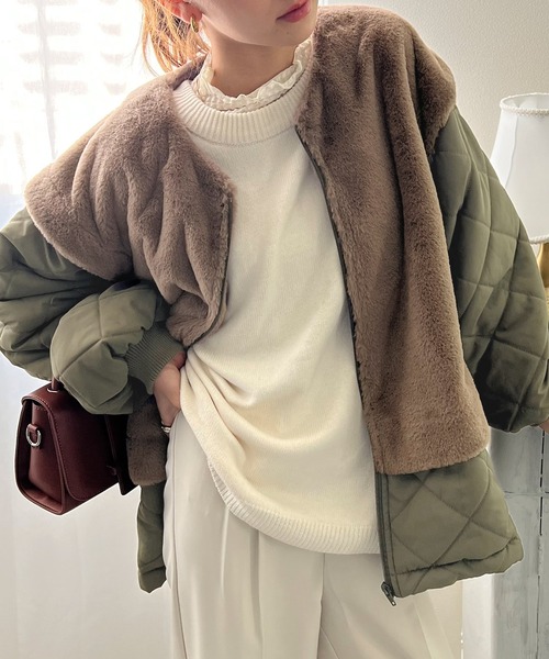classicalelf（クラシカルエルフ）の「もこもこ癒され。ファー×キルティング切替えジップブルゾン（ブルゾン・レディース・ブラック/グレイッシュベージュ/カーキ/モカ・LARGE/X-LARGE/MEDIUM/SMALL）」の9枚目の写真