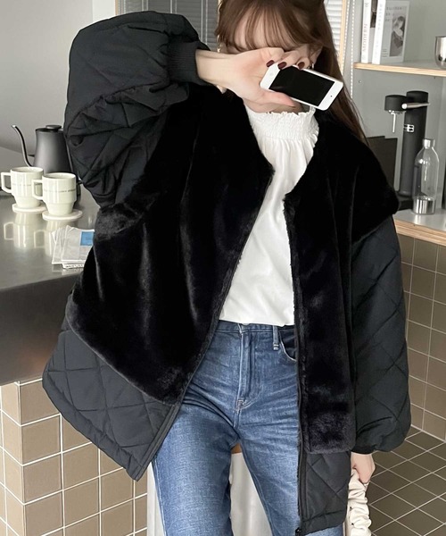 classicalelf（クラシカルエルフ）の「もこもこ癒され。ファー×キルティング切替えジップブルゾン（ブルゾン・レディース・ブラック/グレイッシュベージュ/カーキ/モカ・LARGE/X-LARGE/MEDIUM/SMALL）」の21枚目の写真