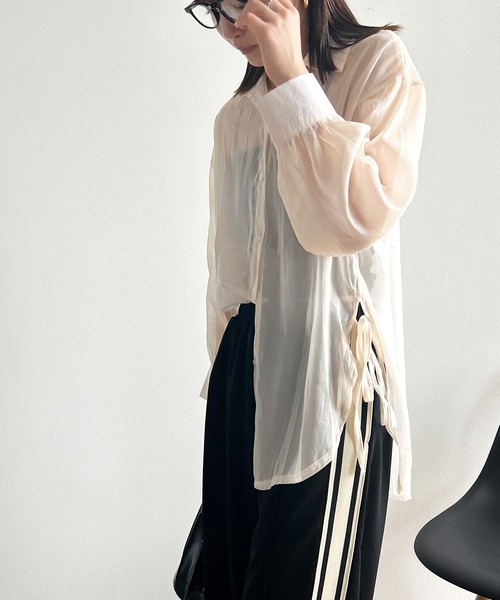 Kotoe(コトエ)の「ビッグシルエット レディース シースルーシャツ スリットリボン(シャツ/ブラウス・レディース・グレー/グリーン/ホワイト/オフホワイト・FREE)」の9枚目の写真