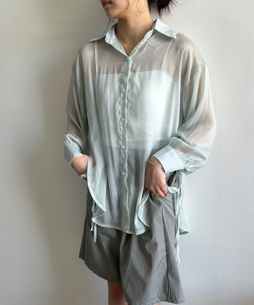 Kotoe(コトエ)の「ビッグシルエット レディース シースルーシャツ スリットリボン(シャツ/ブラウス・レディース・グレー/グリーン/ホワイト/オフホワイト・FREE)」の5枚目の写真