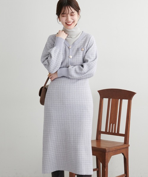 極美品◆グレースコンチネンタル 別注 ジュールトルニエ ツイードワンピース セール】madoka金釦ツイードニットワンピース（ワンピース）｜natural