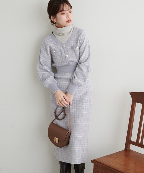 セール】madoka金釦ツイードニットワンピース（ワンピース）｜natural