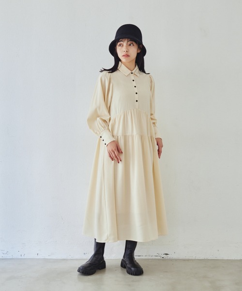 idem（イデム）の「volume tiered onepiece/ボリュームティアードシャツワンピース（シャツワンピース・レディース・アイボリー/ブラック・FREE）」の3枚目の写真