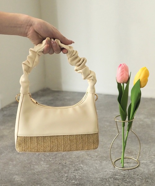 Riberry（リベリー）の「ギャザーハンドル異素材切替バッグ（ハンドバッグ・レディース・ブラック/ブルー/ホワイト/グリーン/ベージュ・FREE）」の2枚目の写真