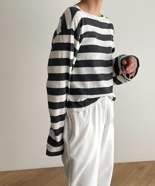 El mar（エルマール）の「El mar(エルマール) ボートネックボーダーロングTシャツ（Tシャツ/カットソー・レディース・チャコールグレー・ONE SIZE）」の7枚目の写真