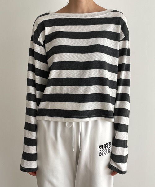 El mar（エルマール）の「El mar(エルマール) ボートネックボーダーロングTシャツ（Tシャツ/カットソー・レディース・チャコールグレー・ONE SIZE）」の2枚目の写真