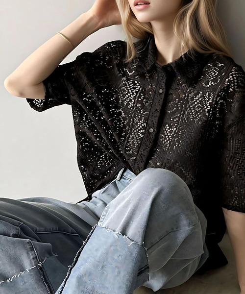 Java（ジャバ）の「《JAVAジャバ 別注》クールにキマル。ブロックレースブラウス（シャツ/ブラウス・メンズ・オフホワイト/チャコールグレー・SMALL/MEDIUM/LARGE/X-LARGE）」の6枚目の写真