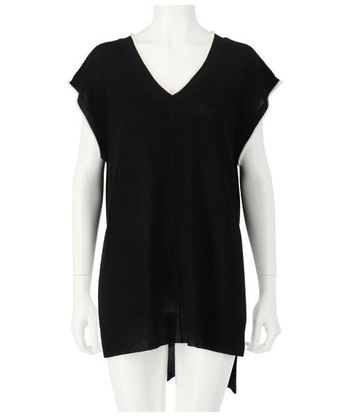 LATINA（ラティーナ）の「麻タッチ畦編みVネックトップスセーター（Tシャツ/カットソー・レディース・ブラック/グレイッシュベージュ・FREE）」の7枚目の写真