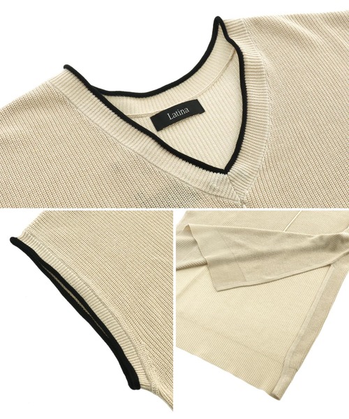 LATINA（ラティーナ）の「麻タッチ畦編みVネックトップスセーター（Tシャツ/カットソー・レディース・ブラック/グレイッシュベージュ・FREE）」の10枚目の写真