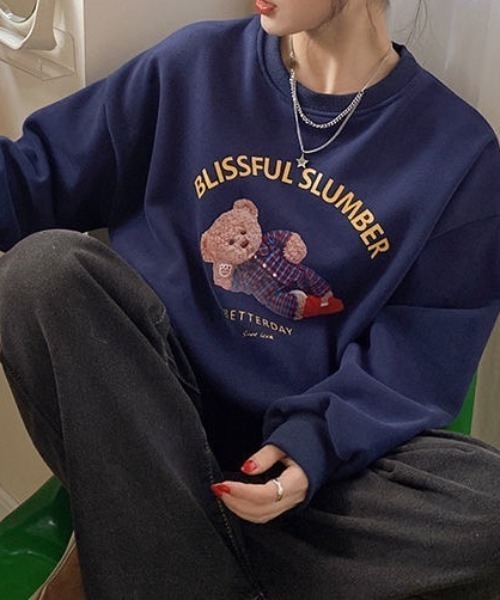 wears（ウェアーズ）の「テディベアグラフィックトップス（Tシャツ/カットソー・レディース・ネイビー/ライトベージュ・FREE）」の4枚目の写真