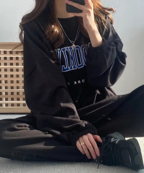 MYMOOD.（マイムード）の「●ドロップ/【上下2点セット】カレッジロゴ スウェットセットアップ ルームウェア（その他ルームウェア・レディース・ブラック/グレー/グリーン/オートミール・FREE）」の6枚目の写真