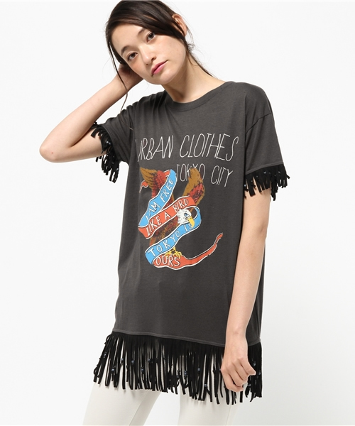 Another Edition（アナザーエディション）の「BIRDプリントフリンジロングTシャツ/AEBC　BIRDPrtフリンジロングT（Tシャツ/カットソー・レディース・ブラック・フリー）」の2枚目の写真