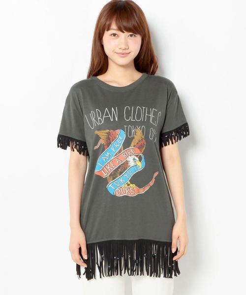 Another Edition（アナザーエディション）の「BIRDプリントフリンジロングTシャツ/AEBC　BIRDPrtフリンジロングT（Tシャツ/カットソー・レディース・ブラック・フリー）」の8枚目の写真