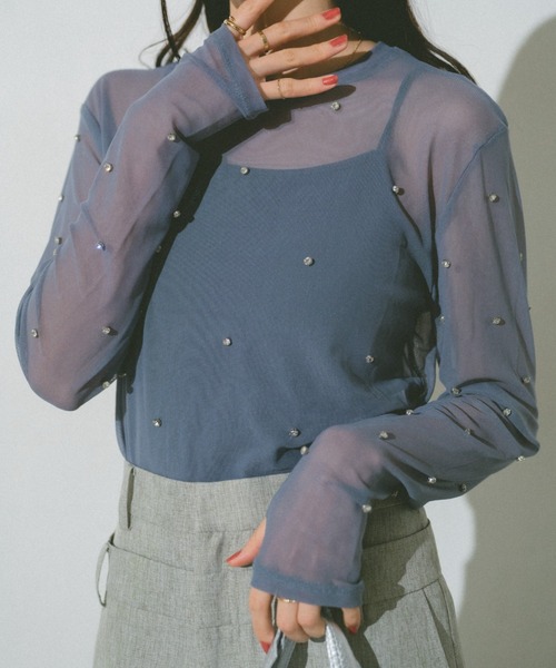 VANNIE U（ヴァニーユー）の「ビジューチュールシアートップス（Tシャツ/カットソー・レディース・ブルー/アイボリー/ブラック/ネイビー・FREE）」の4枚目の写真