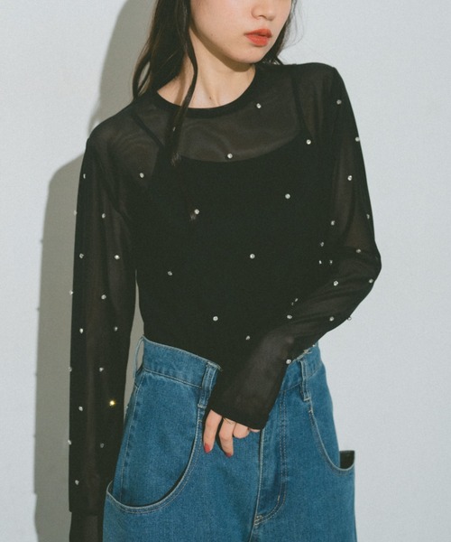 VANNIE U（ヴァニーユー）の「ビジューチュールシアートップス（Tシャツ/カットソー・レディース・ブルー/アイボリー/ブラック/ネイビー・FREE）」の3枚目の写真