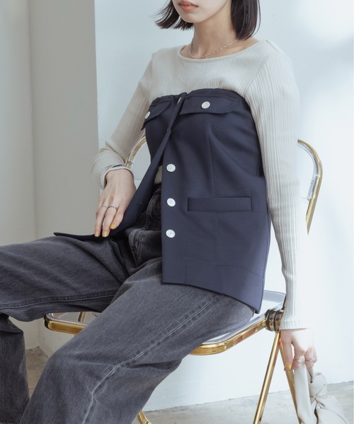 EimeeLaw エイミーロウ デニム ツイードベスト ジレ ボタン 38 Eimee Law（エイミーロウ）の「ツィード MIXボタンベストジレ（ベスト