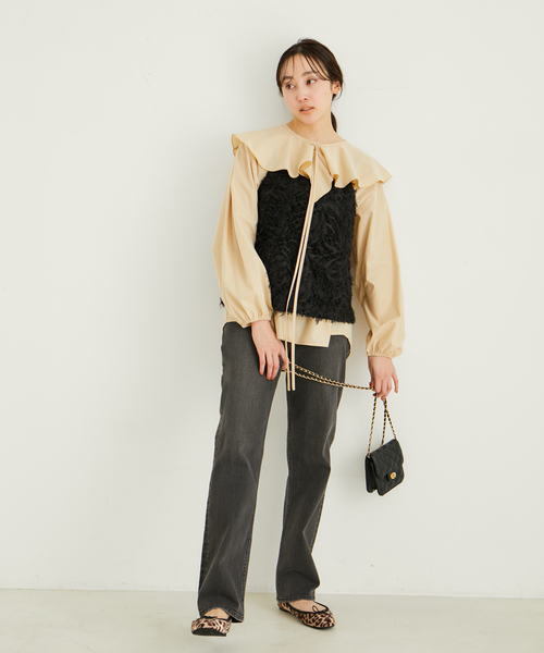 le cercle ADAM ET ROPE'(ルセルクルアダムエロペ)の「【セットアップ対応】リーフ柄カットジャガードキャミソール(キャミソール・レディース・ブラック/ホワイト・FREE)」の8枚目の写真