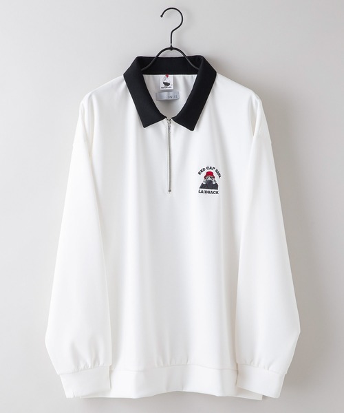 Red Cap Girl(レッドキャプガール)の「【UNIIT × RED CAP GIRL】 ワンポイント 襟配色 ダンボール ハーフジップポロ(ポロシャツ・メンズ・グレー/ブルー/ブラック/ホワイト・MEDIUM/LARGE)」の2枚目の写真