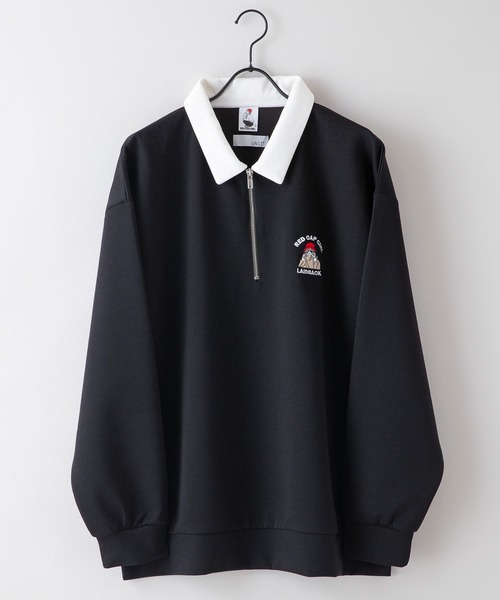 Red Cap Girl(レッドキャプガール)の「【UNIIT × RED CAP GIRL】 ワンポイント 襟配色 ダンボール ハーフジップポロ(ポロシャツ・メンズ・グレー/ブルー/ブラック/ホワイト・MEDIUM/LARGE)」の3枚目の写真