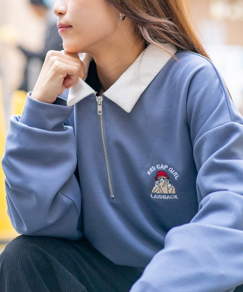 Red Cap Girl(レッドキャプガール)の「【UNIIT × RED CAP GIRL】 ワンポイント 襟配色 ダンボール ハーフジップポロ(ポロシャツ・メンズ・グレー/ブルー/ブラック/ホワイト・MEDIUM/LARGE)」の11枚目の写真