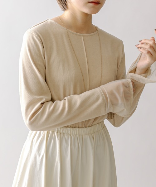 mline（エムライン）の「[mline]袖チュールドッキングワンピース（ワンピース・レディース・ブラック/ベージュ/チャコールグレー・1/2）」の4枚目の写真