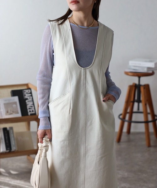 ap retro（アプレトロ）の「ディープUネックジャンパースカート / 配色ステッチ（ジャンパースカート・レディース・ライトブルー/ベージュ/ネイビー/アイボリー・FREE）」の8枚目の写真
