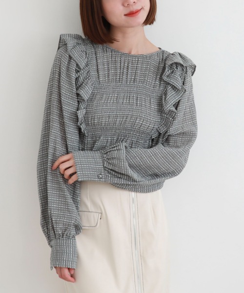 archives(アルシーヴ)の「シアーチェックシャーリングコンパクトブラウス(シャツ/ブラウス・レディース・オフホワイト/ベージュ/グレー・MEDIUM)」の2枚目の写真