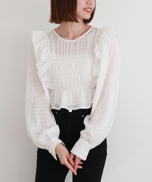 archives(アルシーヴ)の「シアーチェックシャーリングコンパクトブラウス(シャツ/ブラウス・レディース・オフホワイト/ベージュ/グレー・MEDIUM)」の1枚目の写真