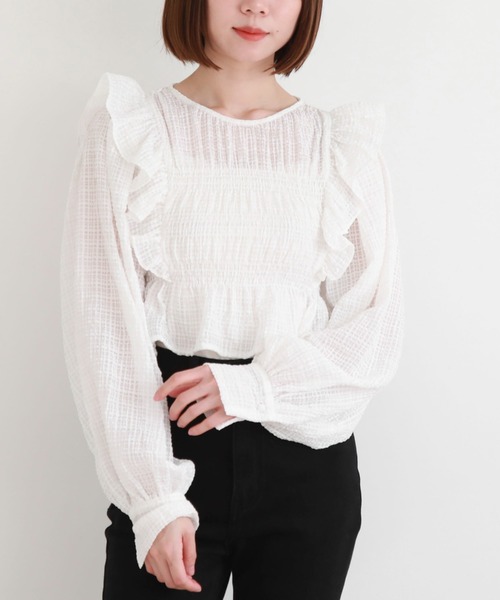 archives(アルシーヴ)の「シアーチェックシャーリングコンパクトブラウス(シャツ/ブラウス・レディース・オフホワイト/ベージュ/グレー・MEDIUM)」の4枚目の写真