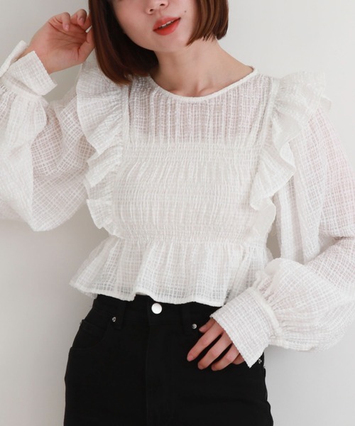 archives(アルシーヴ)の「シアーチェックシャーリングコンパクトブラウス(シャツ/ブラウス・レディース・オフホワイト/ベージュ/グレー・MEDIUM)」の5枚目の写真